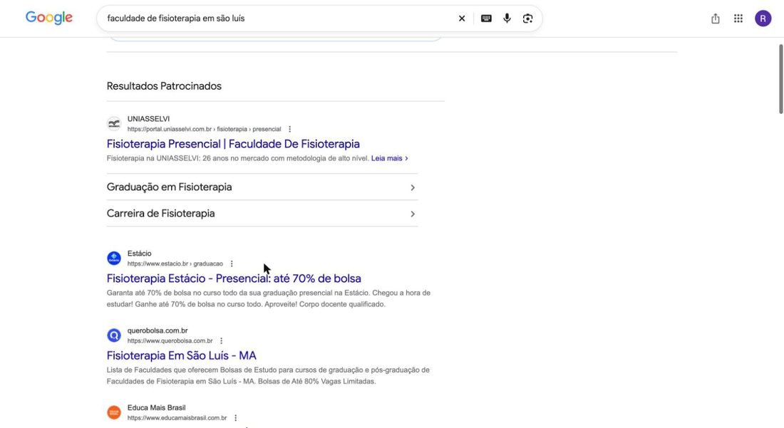 Resultados patrocinados no Google para faculdade de fisioterapia em São Luís