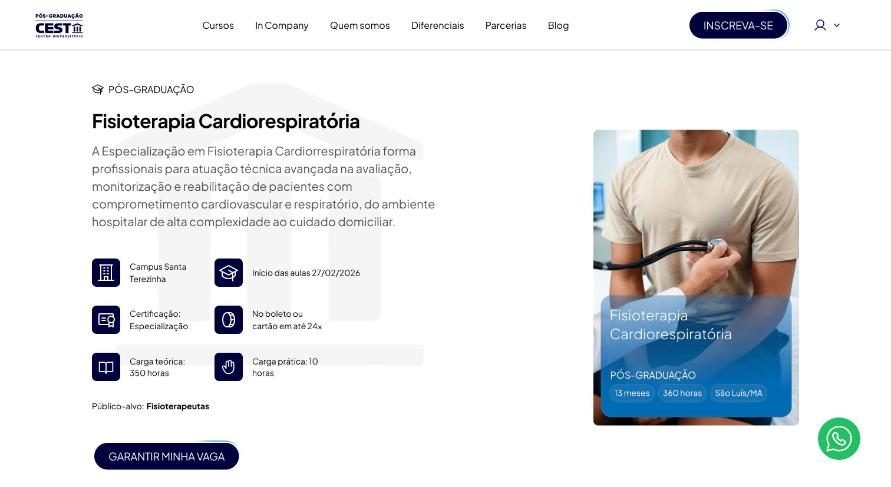Página do curso de pós em Fisioterapia Cardiorrespiratória